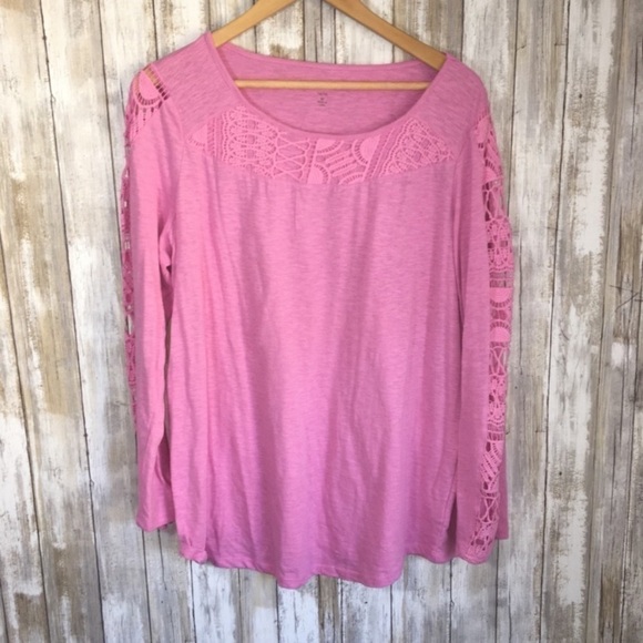 Woman Within Tops - Woman Within Pink Long Sleeve Lace Blouse